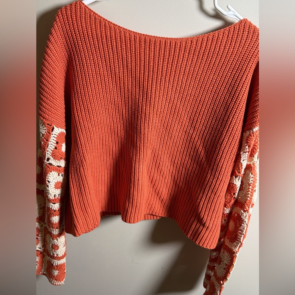 Cozy Orange Fall Knit Sweater with Floral  Crochet Sleeves